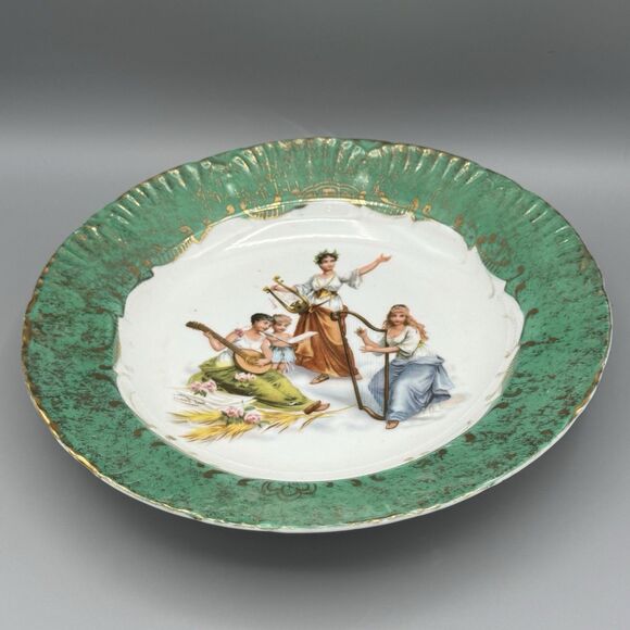 Vtg Unmarked Green Transferware Porcelain Heavenly Choir Decorative Plate Bowl - Picture 8 of 12